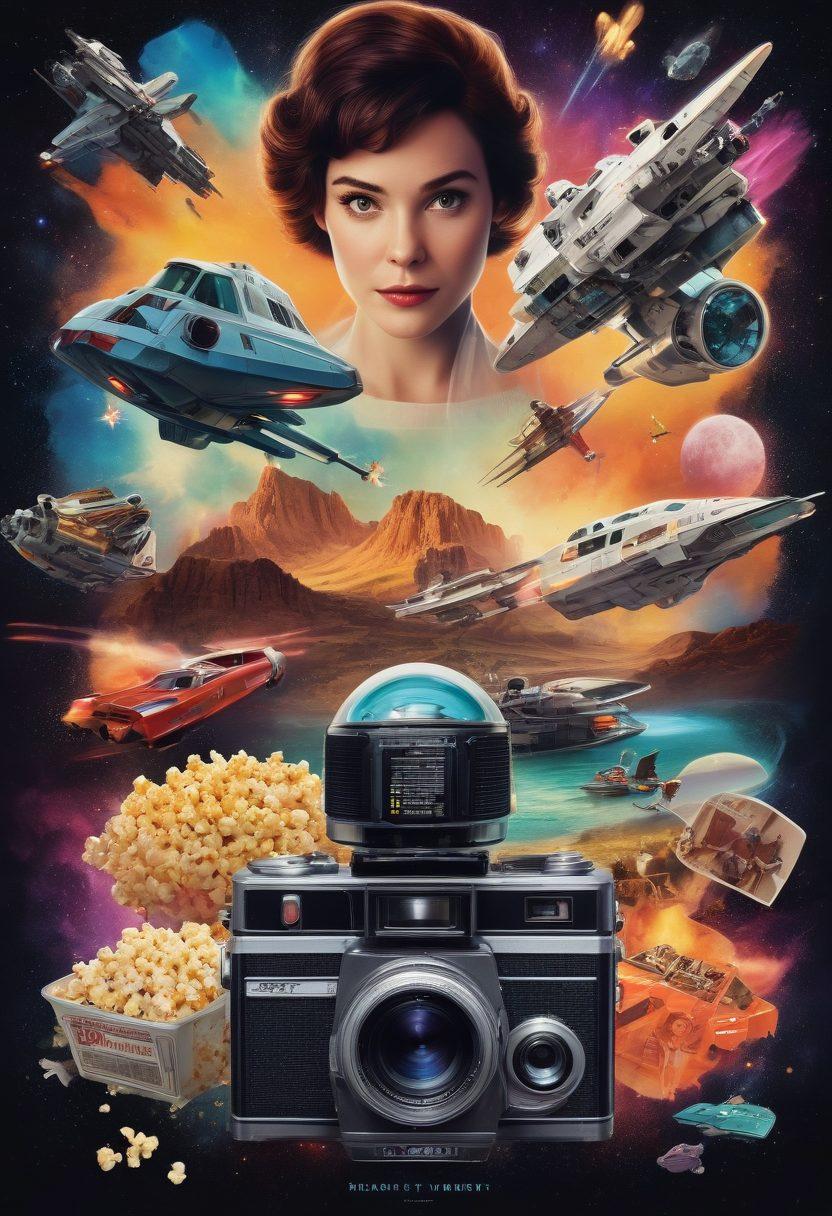 A visually captivating collage showcasing a variety of movie genres, featuring iconic blockbusters like action heroes and sci-fi spaceships on one side, and indie film elements like a vintage camera and a whimsical script on the other. The background includes a streaming interface with colorful film reels and popcorn scattered around, symbolizing a movie night. The overall atmosphere is vibrant and engaging, inviting viewers to explore. super-realistic. vibrant colors. 3D.