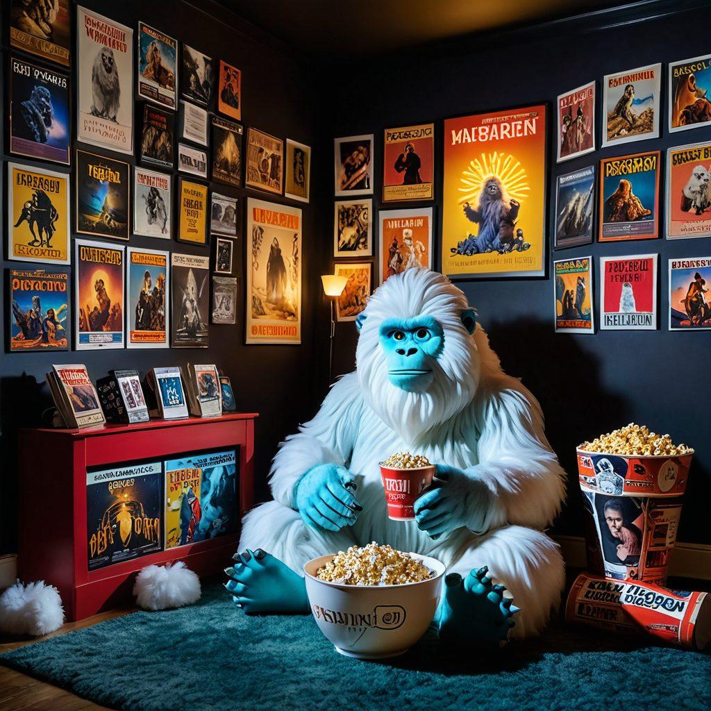 A mystical yeti in a cozy cinema, surrounded by classic movie posters and streaming platforms on a big screen, with popcorn and glowing film reels. The scene is warm and inviting, embodying the fusion of magic and modern film culture. Include soft, colorful lights, and cinematic elements like a vintage projector. super-realistic. vibrant colors. cozy atmosphere.