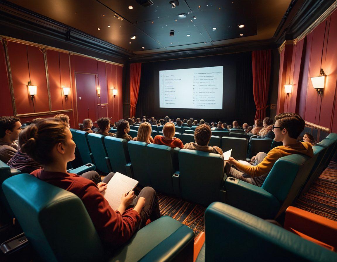 A cozy cinema interior showcasing a diverse group of excited moviegoers in comfortable seats, their faces lit by the glow of a large screen displaying a captivating film scene. Include elements like popcorn buckets, beverages, and a critic scribbling notes in the foreground. The ambiance should feel immersive and intimate, highlighting the magic of cinema. vibrant colors. cozy atmosphere. super-realistic.